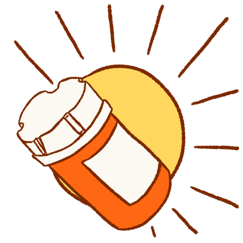 an orange pill bottle in front of a yellow sun.